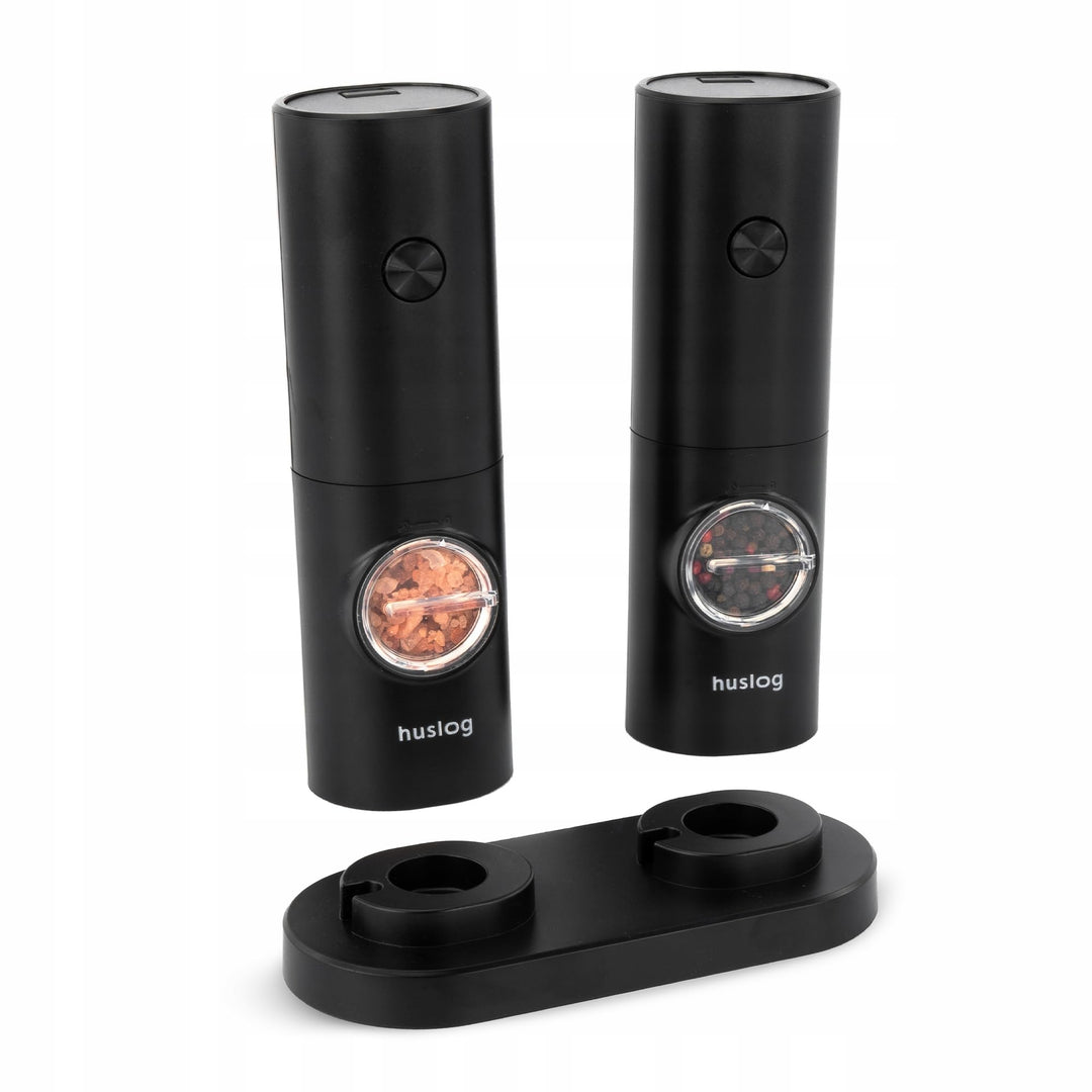 Elektrische Salz und Pfeffermühlen 2er Set, Ständer und einstellbarem, Batteriebetrieben, Schwarz