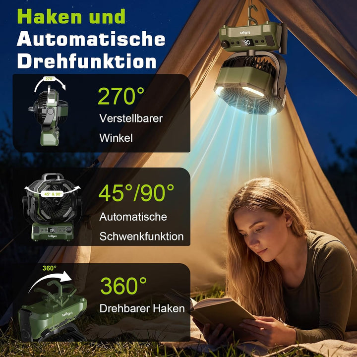 20000mAh Camping Ventilator Akku mit Licht, 0-100 Stufen Regelbar Outdoor Ventilator mit Sprühfunkti