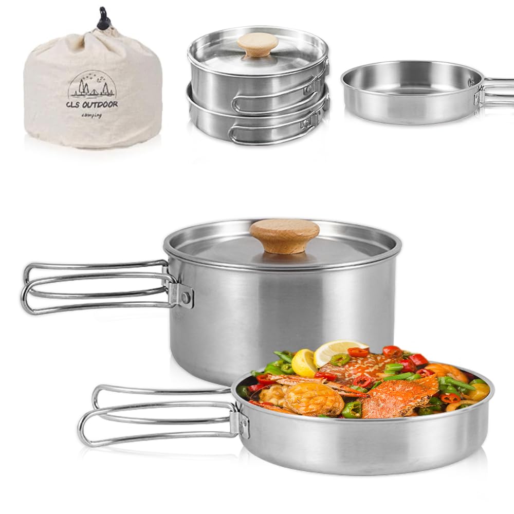 Camping Kochgeschirr Set, Camping Topf Edelstahl Camping Kochtopf mit Deckel und faltbarem Griff Tra