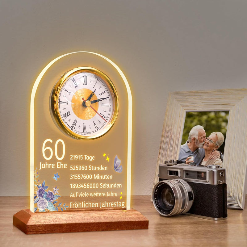 OkiyiD 60. Jahrestag Hochzeit Geschenk, Jahrestag Quarzuhr, Schreibtisch Tisch Uhr, 60 Jahre Ehe, Di