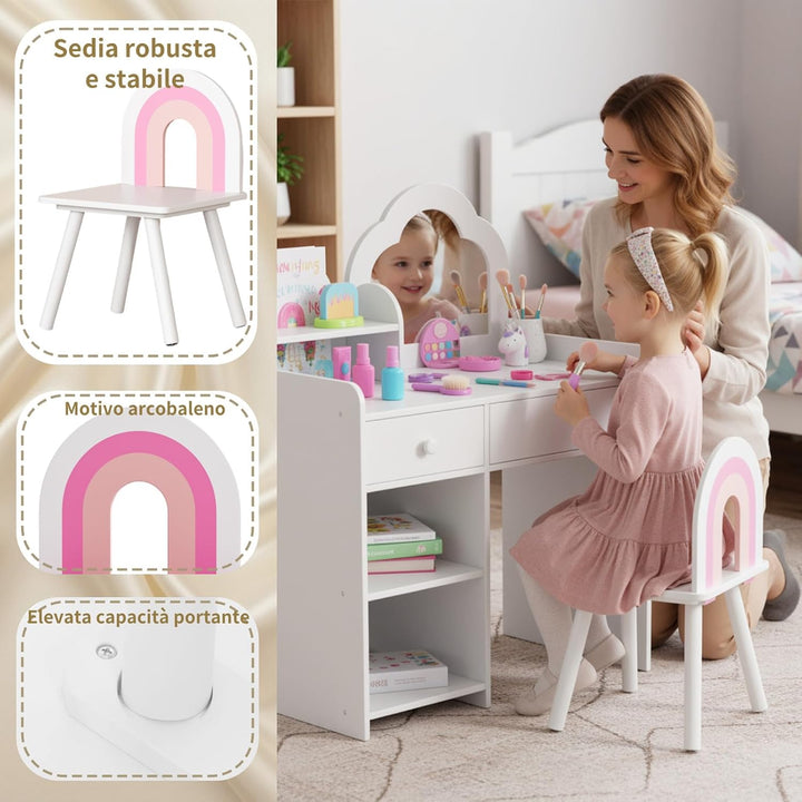 Clevich Schminktisch Kinder Set, 2 in 1 Kinderschminktisch mit Spiegel, 2 Schubladen, Schliessfächer
