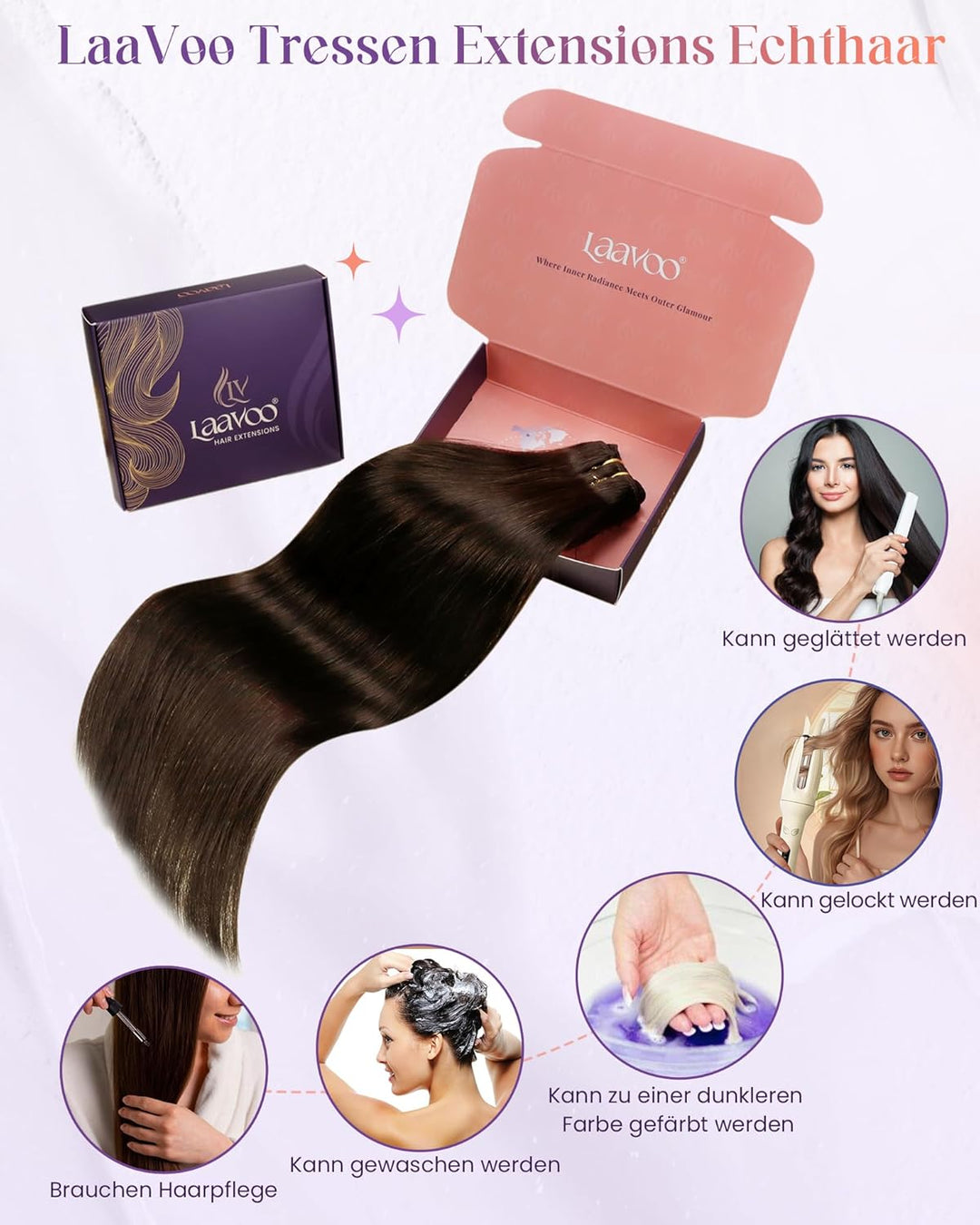 LaaVoo Extensions Tressen Remy Braun Haartressen Echthaar Dunkel Braun Extensions Echthaar Tressen G