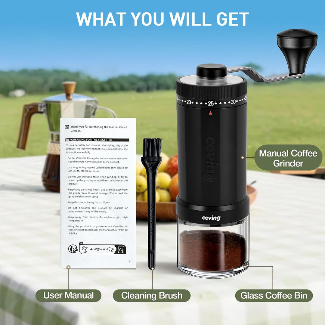 Manuelle Mini-Kaffeemühle mit 40 einstellbaren Einstellungen, tragbare Hand-Kaffeebohnenmühle mit 30