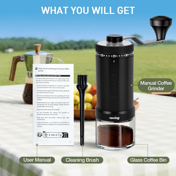 Manuelle Mini-Kaffeemühle mit 40 einstellbaren Einstellungen, tragbare Hand-Kaffeebohnenmühle mit 30