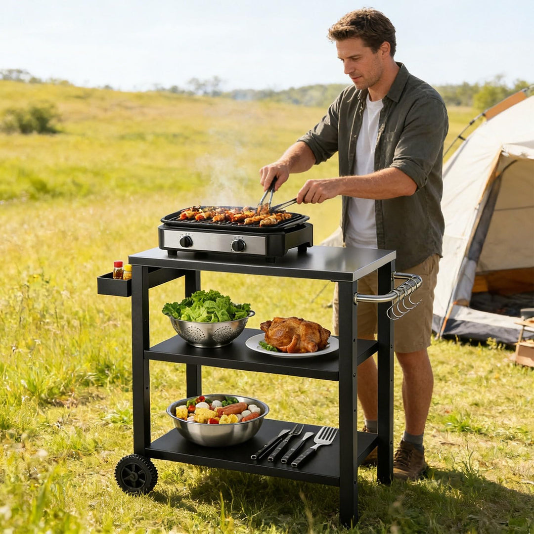 Grilltisch, Grillwagen, Grilltisch Outdoor, Küchenwagen mit Zwei höhenverstellbaren Ablagen mit Gewü