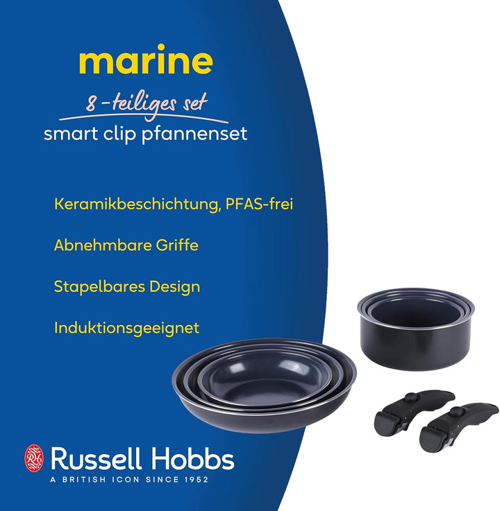 Russell Hobbs RH03321EU7 Smart Clip Topf- und Pfannenset – 8-teilig, Keramikbeschichtung, abnehmbare