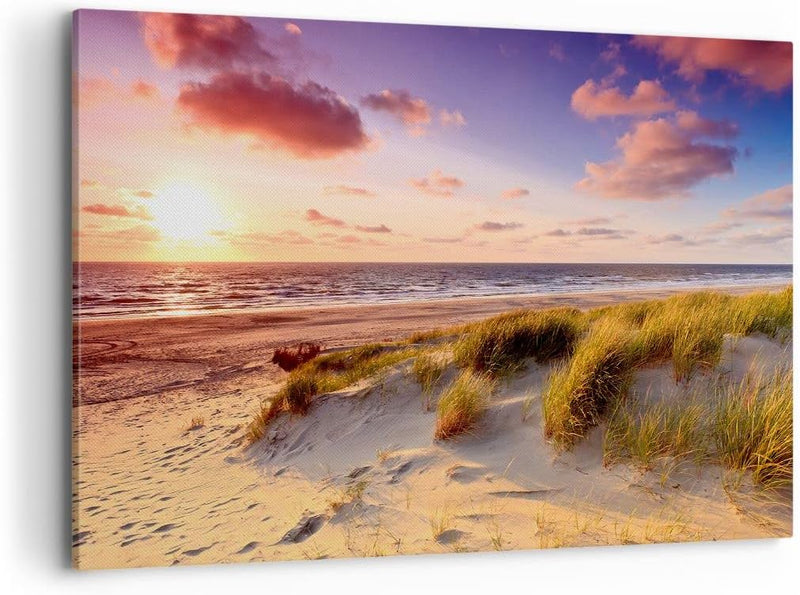 Bilder auf Leinwand 100x70cm Leinwandbild mit Rahmen Meer Strand Düne Gross Wanddeko Bild Schlafzimm