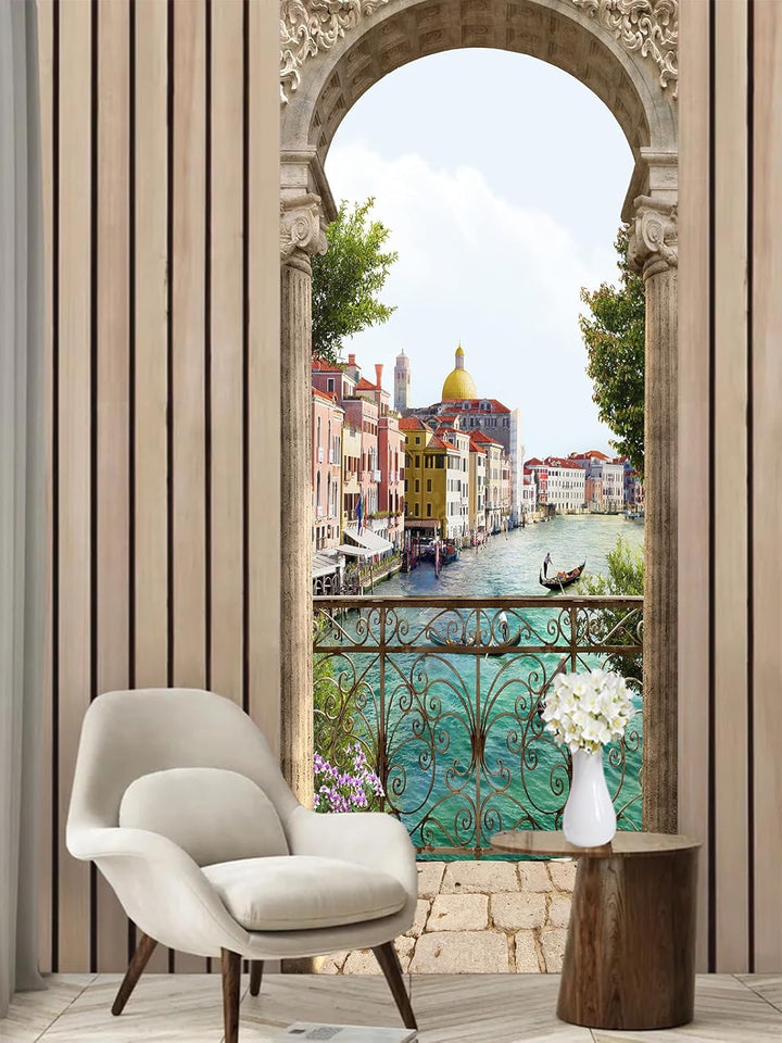 FLFK 3D Italien Flussseitenstadt Wohnzimmer Türtapete Wandbilder Selbstklebend Tür Poster Vinyl Entf