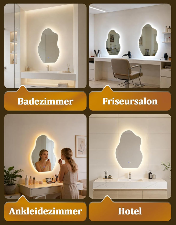 Asymmetrisch Badspiegel Mit Beleuchtung,LED Bad Wand Spiegel Badezimmer Wandspiegel Mit Licht, IP44