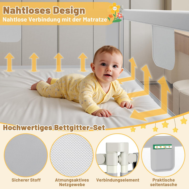 Ikodm Bettgitter Rausfallschutz Bett 200cmx2+180cmx1, Bettschutzgitter höhenverstellbar 64-96 cm für