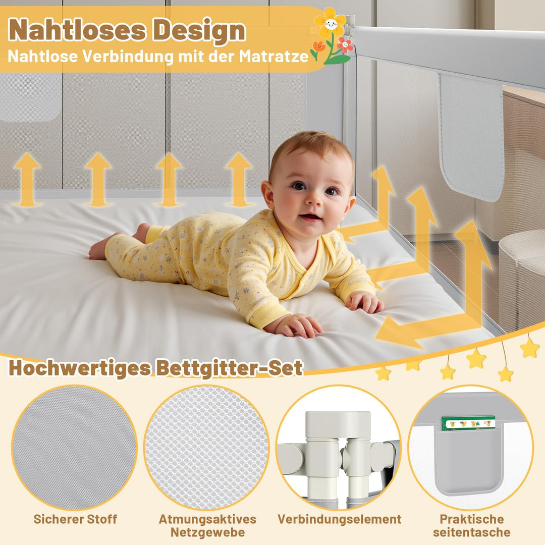 3er Bettgitter 2X200+1X180cm Bettschutzgitter Kinderbettgitter für Kinder,Rausfallschutz Boxspringbe