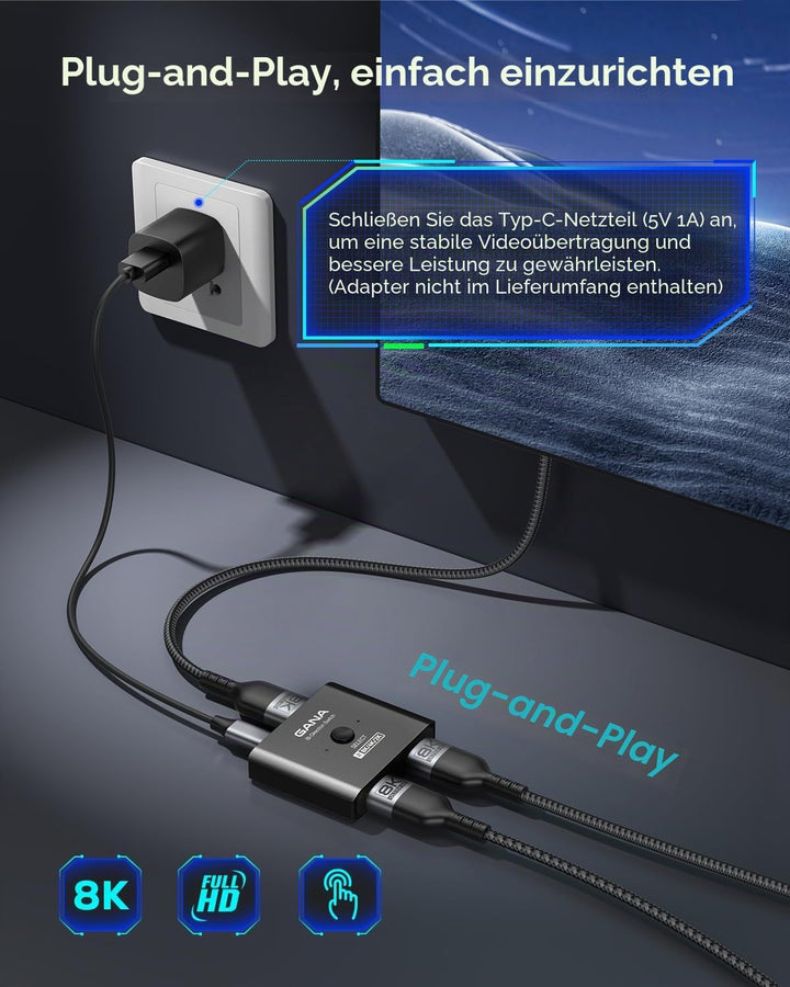 GANA HDMI 2.1 Switch, Ultra HD 8K Bidirectional Splitter, 4K@120Hz, 8K@60Hz, Aluminum Selector for P