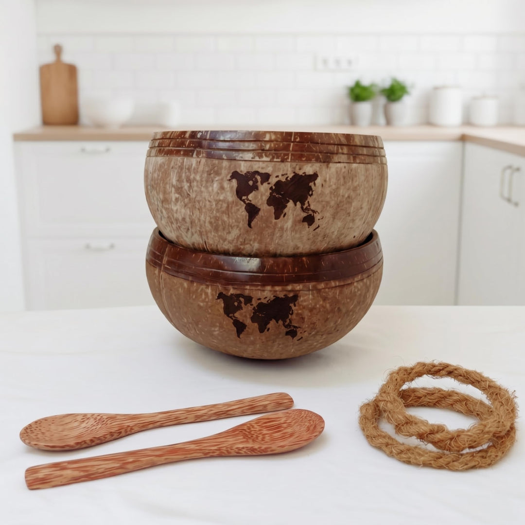 Kokosnuss Bowls - 2er Set Müslischalen, Smoothie Kokosnuss Schalen mit Anti-Kipp-Ring &amp; Holzlöffel –
