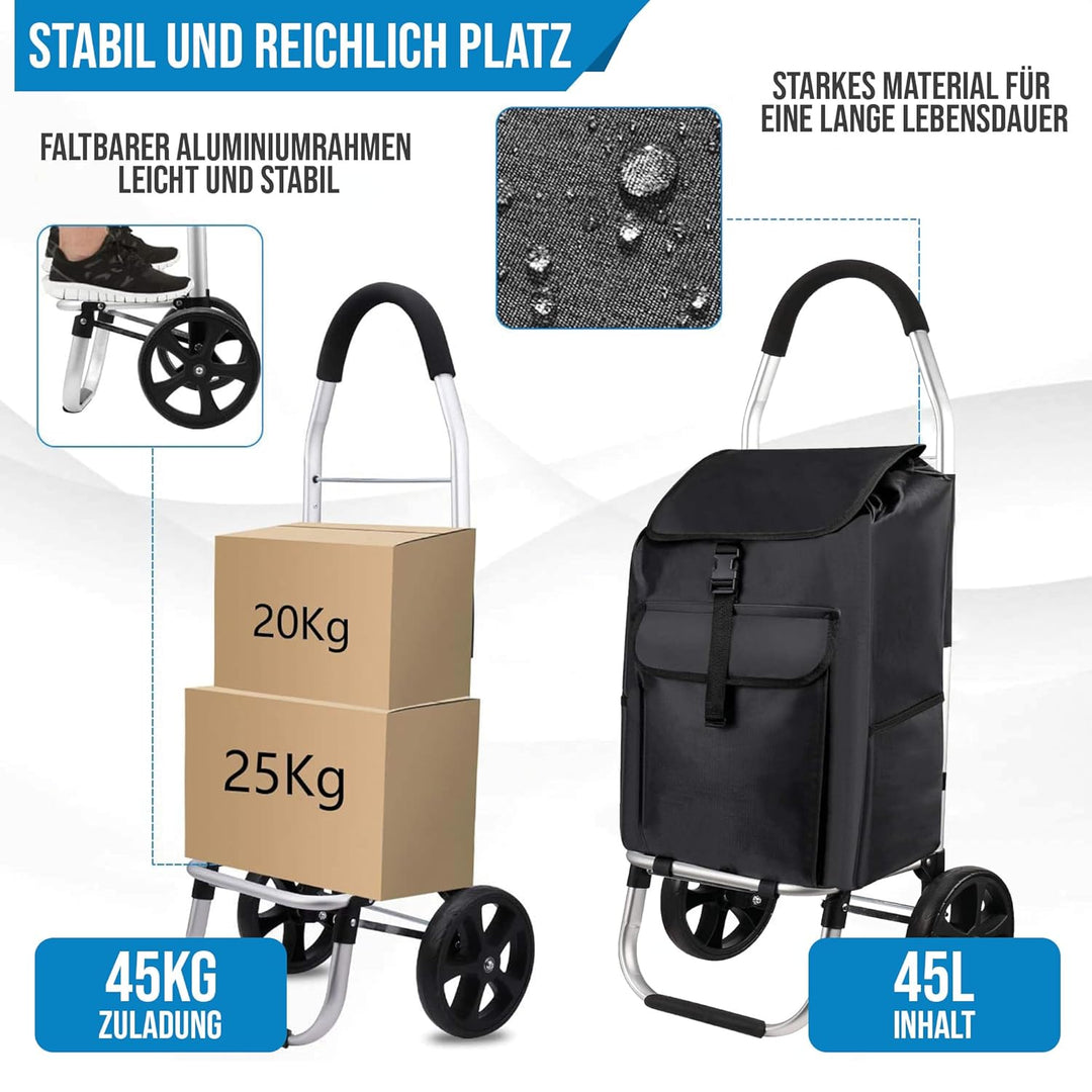 Strex Einkaufstrolley mit Rädern, Faltbar einkaufswagen mit 45 L Kapazität - Abnehmbare Einkaufstasc