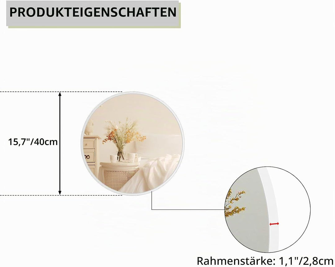 Wandspiegel 40cm mit weissem Rahmen, moderner runder Hängespiegel für Badezimmer Schlafzimmer Wohnzi