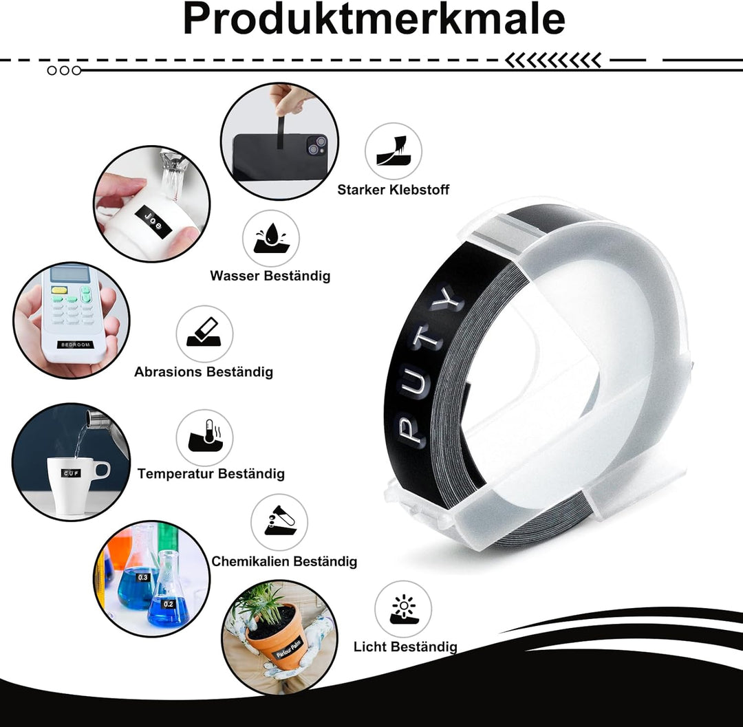 P PUTY 9mm Etikettenband Kompatibel mit Dymo Prägeband Omega Junior 3D, Kompatibel mit Dymo Etikette