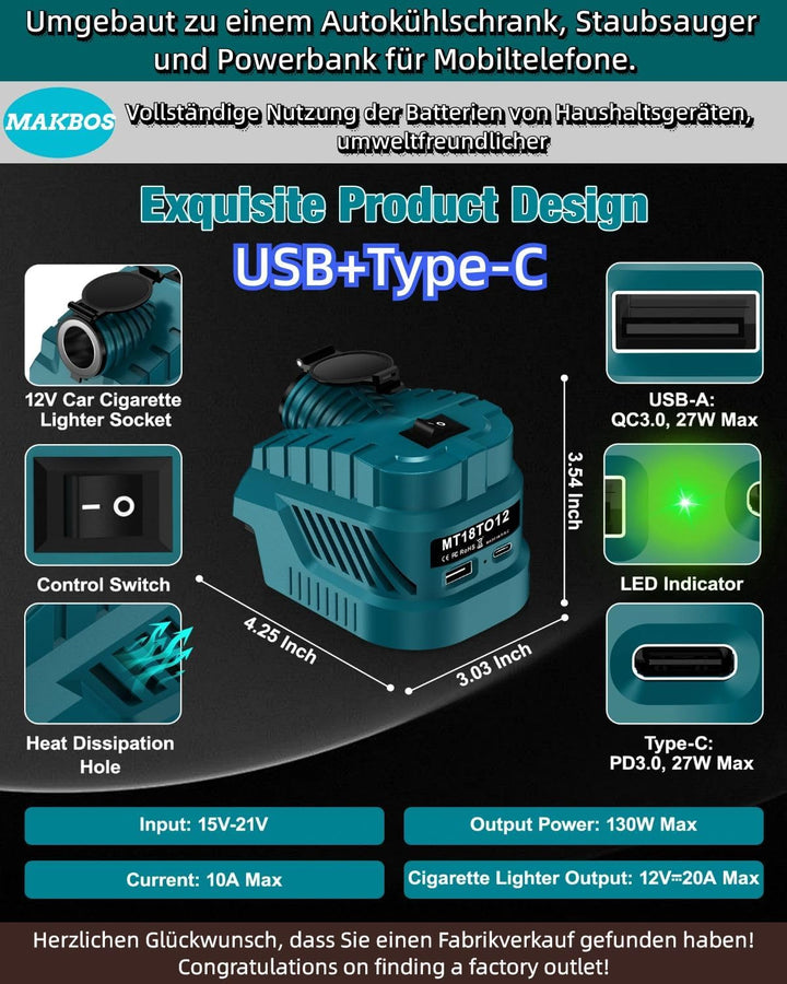 Step Down Konverter für Bosch 18V auf12V Abwärtswandler Power Wheel GBA Batterie Adapter,USB Type-C