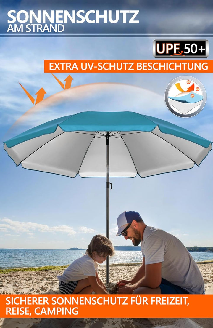 4smile Sonnenschirm Strand SunnyJoy, Türkis - UPF 50+ Strandschirm Ø 200 cm, sicherer Sonnenschutz S