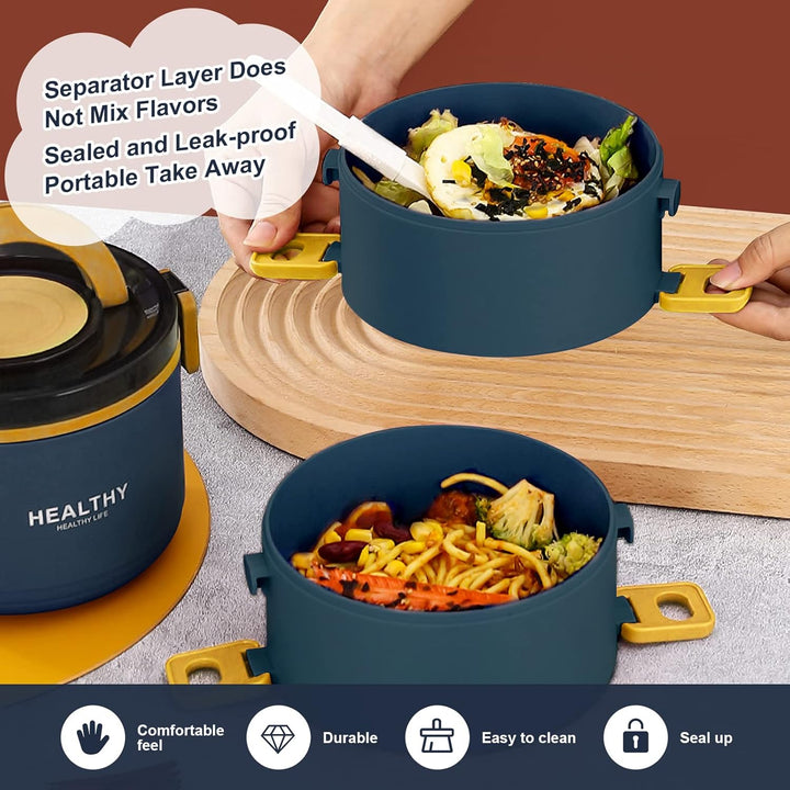 2200 ml Lunchbox aus Edelstahl Dreilagiges,Lunchbox mit unterteilung fächern, Silikondichtring und a