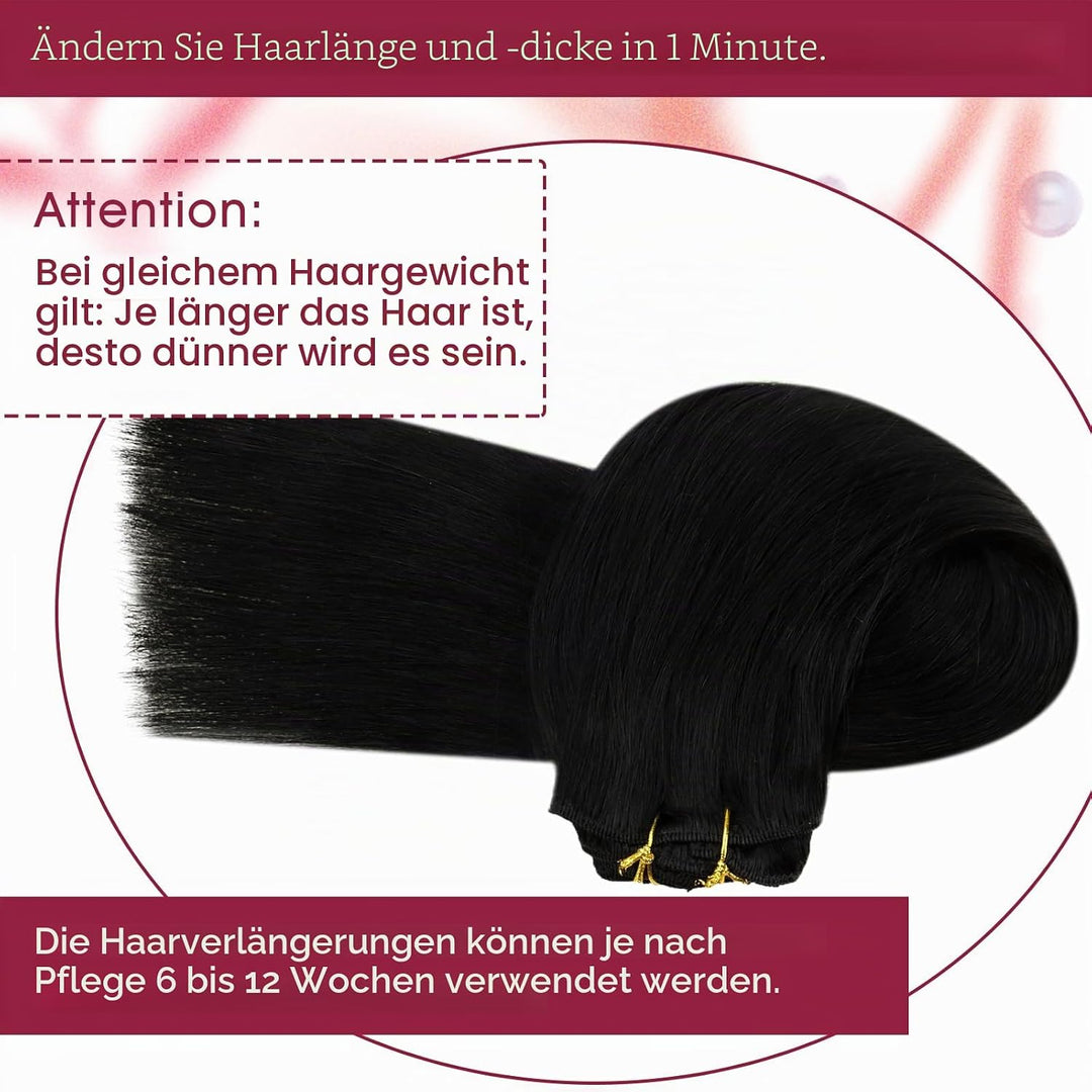 Vivien Extensions Echthaar Clip in Schwarz 30 cm Remy Echthaar Clip in Extensions Tiefschwarz Invisi