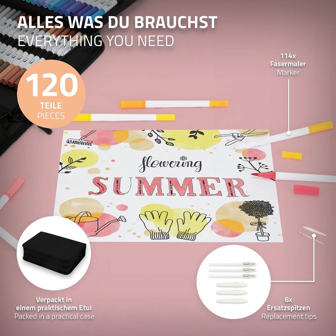 ECD Germany Dual Brush Pen Set 120 Farben, Wasserbasis Doppelfasermaler Set, Pinselstifte Marker, Fi