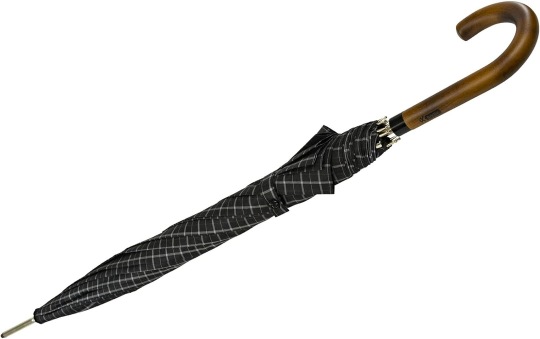 iX-brella Herren-Stockschirm Automatik mit Echtholz-Rundhakengriff - Karo schwarz Check Black, Check