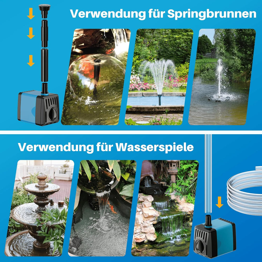 Biling Solar Springbrunnen für Aussen 12W 450L/H Leise Teichpumpe Solar mit 4 Düsen Schlauch, Solarb