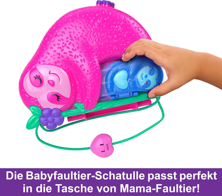 Polly Pocket Faultierfamilie 2-in-1 Taschenschatulle - Tropisches Abenteuer mit 12 Accessoires, Dsch