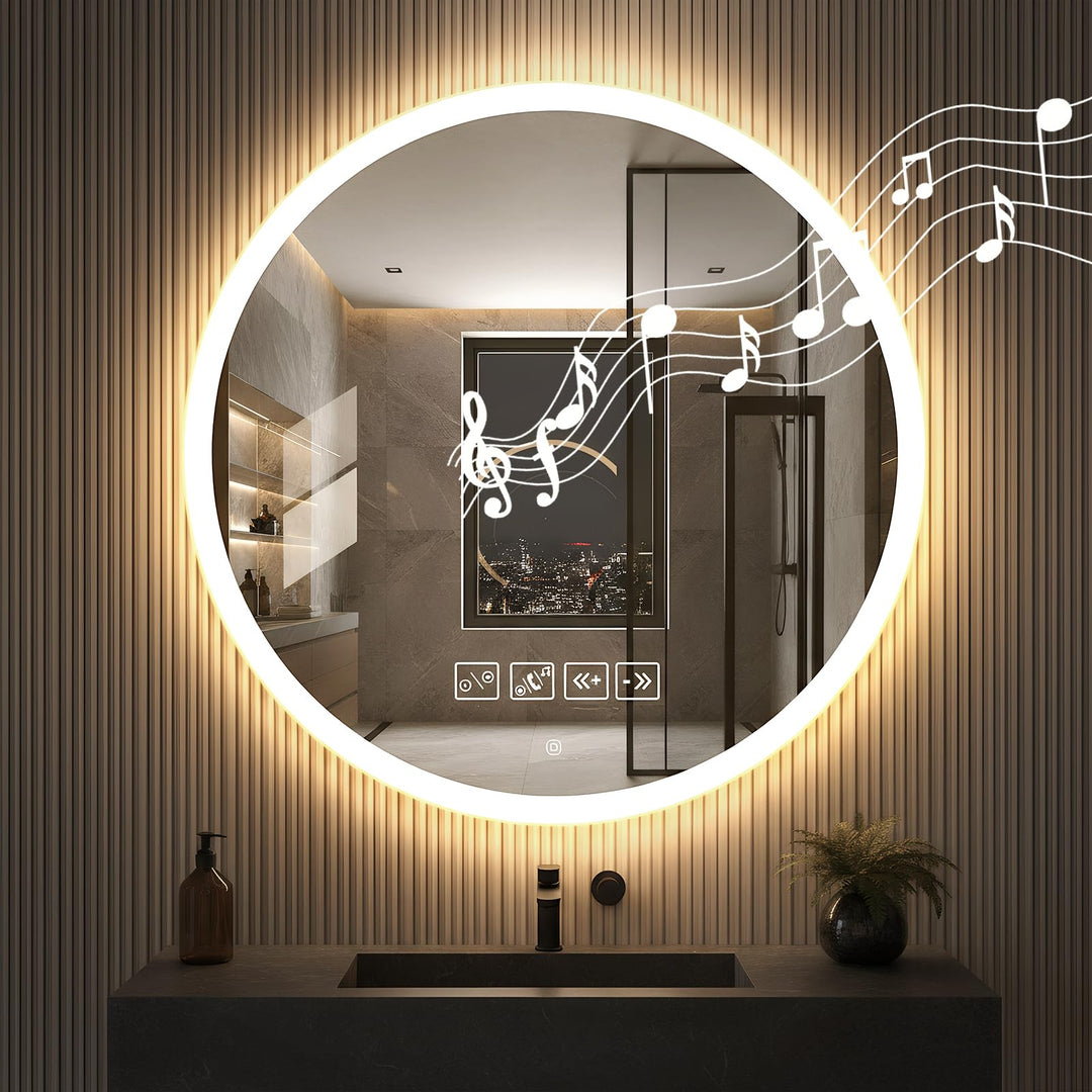 Badspiegel mit Beleuchtung mit Bluetooth Lautsprecher 60x60cm,Runden LED Badezimmerspiegel mit Entfo