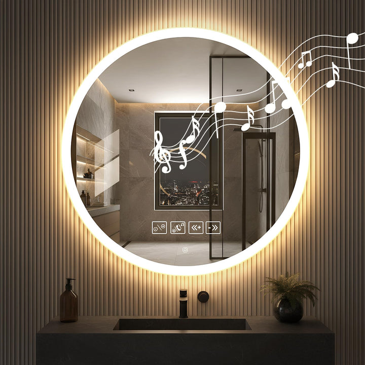Badspiegel mit Beleuchtung mit Bluetooth Lautsprecher 60x60cm,Runden LED Badezimmerspiegel mit Entfo