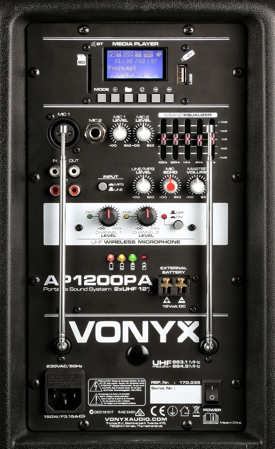 Vonyx AP1200PA - Mobile PA Anlage, Partybox Bluetooth mit Akku, 600 Watt Party Lautsprecher mit UHF-