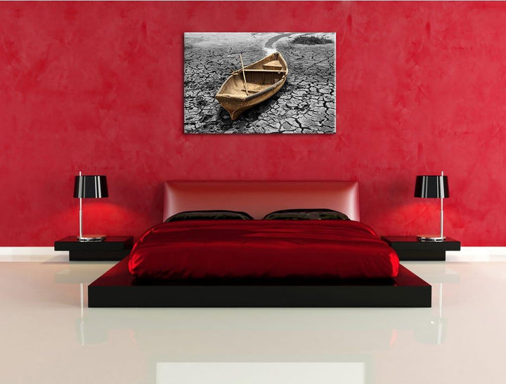 Ausgetrockenter Fluss mit Boot schwarz/weiss Format: 100x70 cm auf Leinwand, XXL riesige Bilder fert