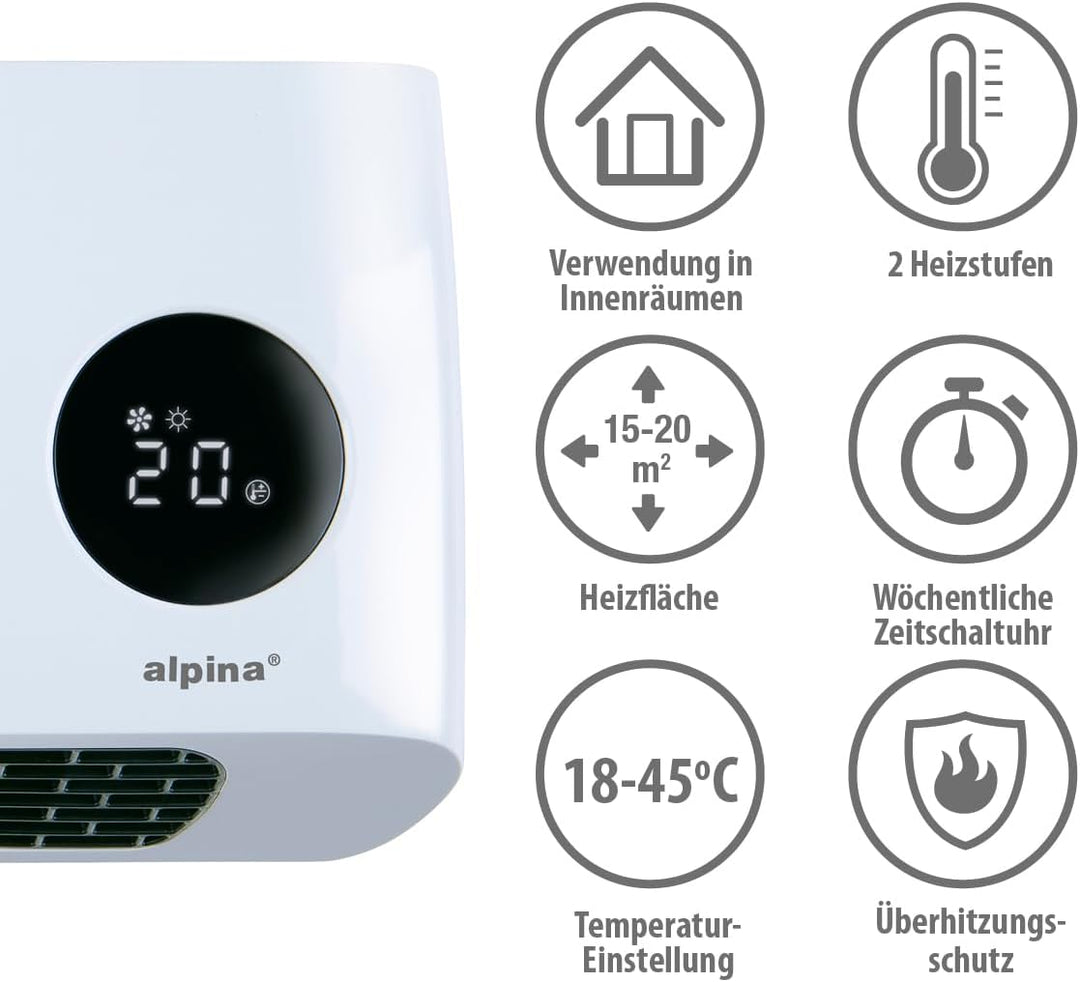 alpina Wand Heizlüfter 2000W – Keramik Heizstrahler mit 2 Leistungsstufen und Timer – Digital Thermo