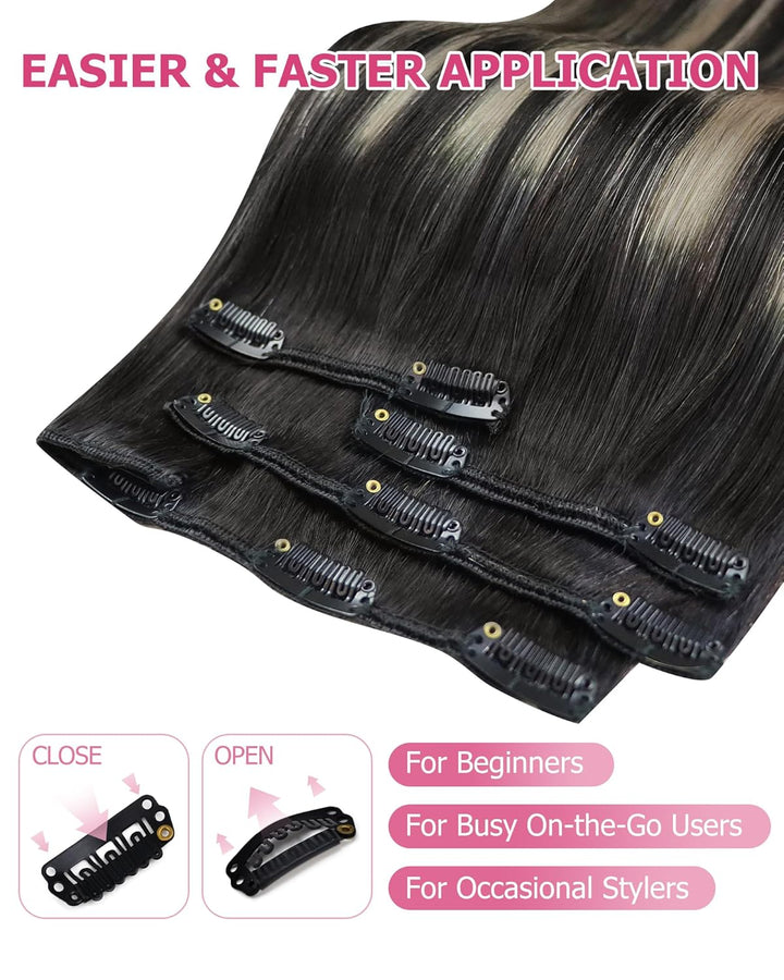 YoungSee Echthaar Extensions Clip Ombre Schwarz 7 Stück 30cm Clip in Extensions Echthaar Schwarz Bal