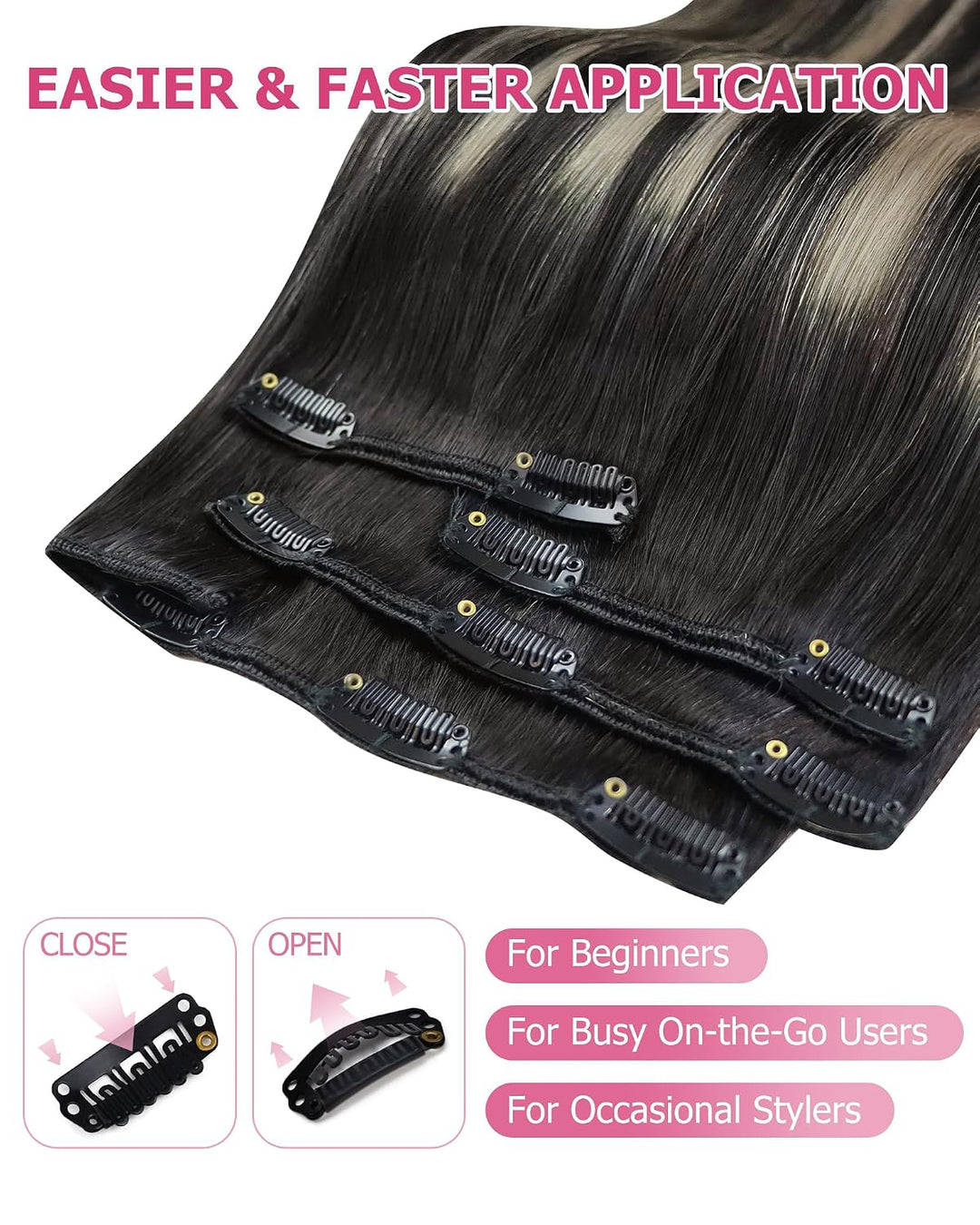 YoungSee Echthaar Extensions Clip Ombre Schwarz 7 Stück 30cm Clip in Extensions Echthaar Schwarz Bal