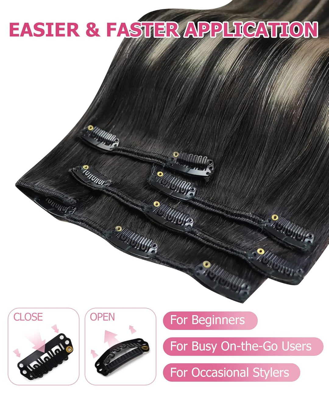 YoungSee Echthaar Extensions Clip Ombre Schwarz 7 Stück 30cm Clip in Extensions Echthaar Schwarz Bal