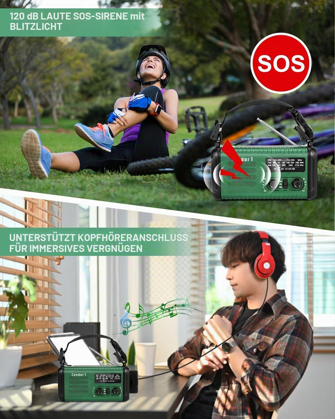 20000mAh Kurbelradio, tragbares Solar-Notfallradio mit AM/FM-Empfang, SOS Alarm, LED-Leselicht und T