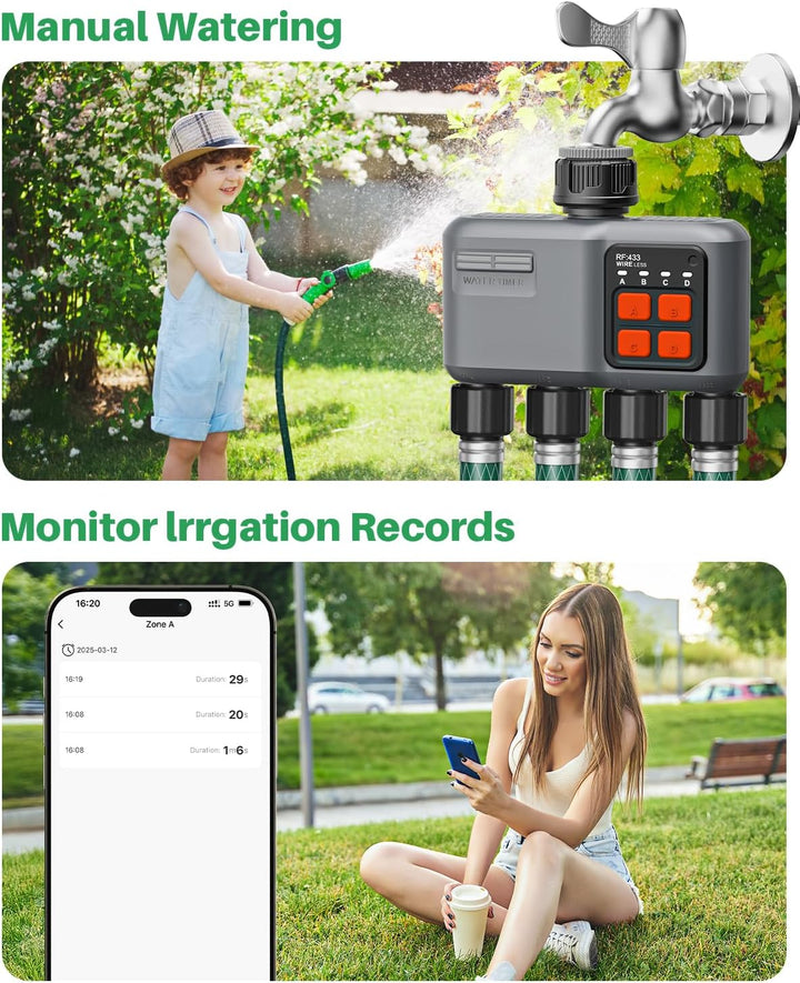 Bewässerungscomputer WLAN 4 Ausgänge mit 300M RF-Technologie, Bewässerungsuhr für Gartenbewässerung