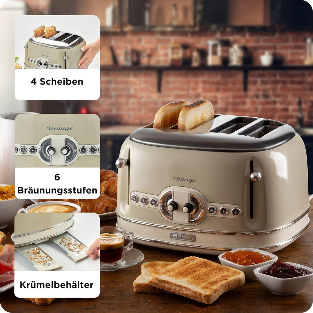 Ariete,156 Toaster im Vintage-Design für 4 Scheiben, 1600 W, 6 Toaststufen, aus lackiertem Edelstahl