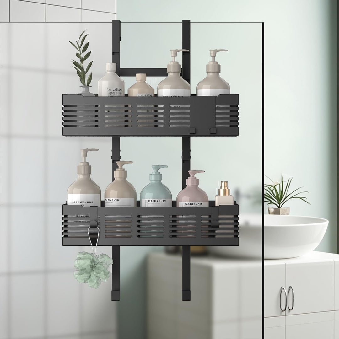 Duschablage zum Hängen, Duschablage Ohne Bohren Schwarz für Glasduschtüren, Höhenverstellbares Desig