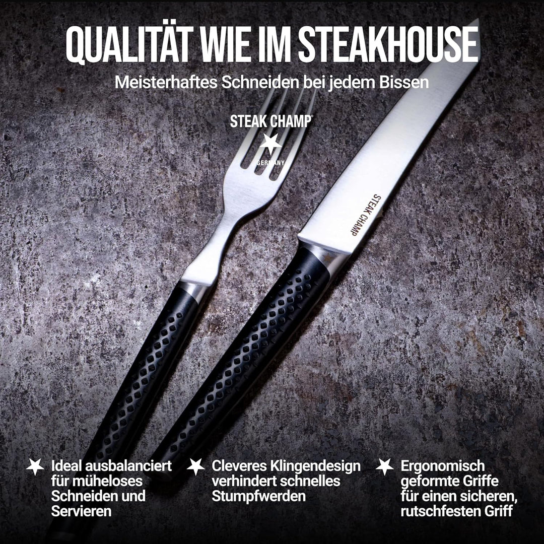 Steak Champ Steakbesteck Prime Rib: 2 Steakmesser & 2 Steakgabeln aus Klingenstahl, Rutschfeste Grif