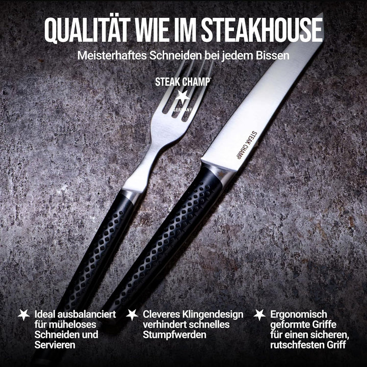 Steak Champ Steakbesteck Prime Rib: 2 Steakmesser & 2 Steakgabeln aus Klingenstahl, Rutschfeste Grif