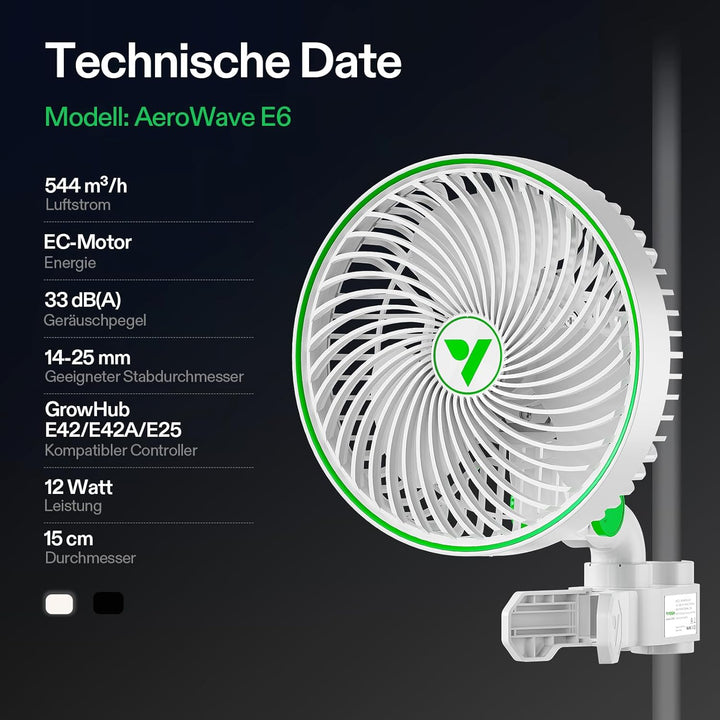 VIVOSUN AeroWave E6 Gen2 Growzelt-Clip-Ventilator150 mm, EC-Motor, Smarte WLAN-Steuerung,10-stufiger