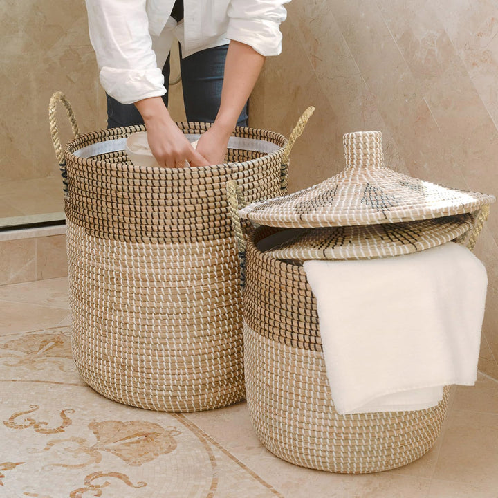 3 Stk 76L+43L+26L Wäschekorb Set mit Deckel und Innere Beutel,Korb Geflochten,Handgefertigt Aufbewah