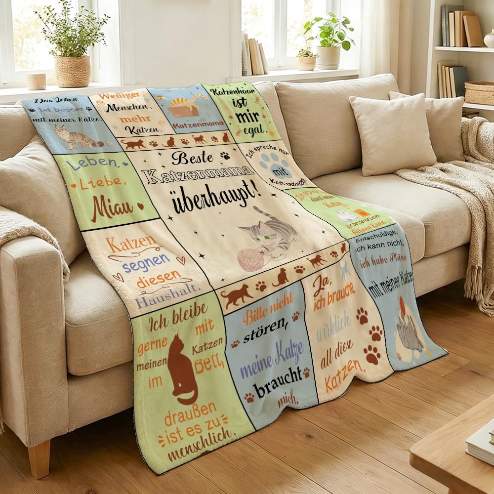 Mama Geschenk Kuscheldecke 150×130CM Flanelldecke Schlafdecke für Mama Katzenmam Oma Muttertagsgesch