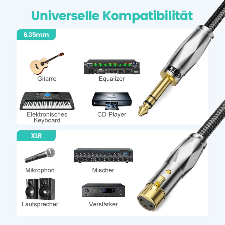 EMK Symmetrisches 6,35 mm auf XLR Kabel, 1,5 Meter, für Mischpulte, Mikrofon, Gitarre, Verstärker, L