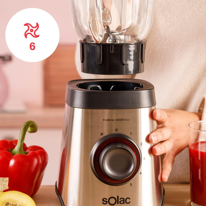 Solac - Promixter 2000 W | Glaskanne mit 1,75 l | 5 Geschwindigkeiten + Pulse | 6 Stahlklingen | Eis