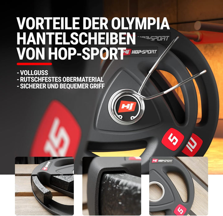 Hop-Sport 15 kg Profi Studio Gusseisen Olympia Hantelscheibe 50mm gummiert Guss Gewichte Hantel Set