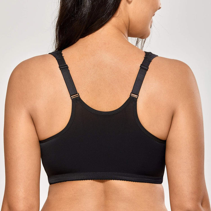 DELIMIRA Damen Vorderverschluss BH ohne Bügel Grosse Grössen mit Spitze Racerback 75B Schwarz, 75B S