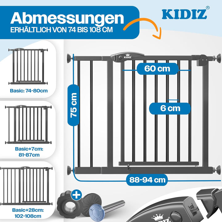 KIDIZ Treppenschutzgitter ohne Bohren | Verstellbare Breite: 88-94 cm, 75 cm hoch, Türschutzgitter u